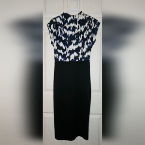 Color Block Sheath Dress | Abstract Print Top & Black Pencil Skirt - Size Small